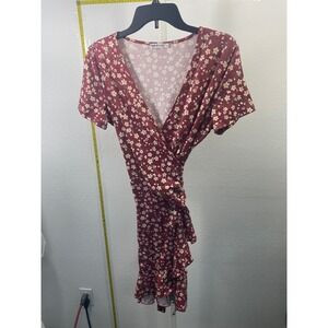 MSBASIC Floral Wrap Dress Burgundy Red Short Sleeve Ruffle Mini Dress Large